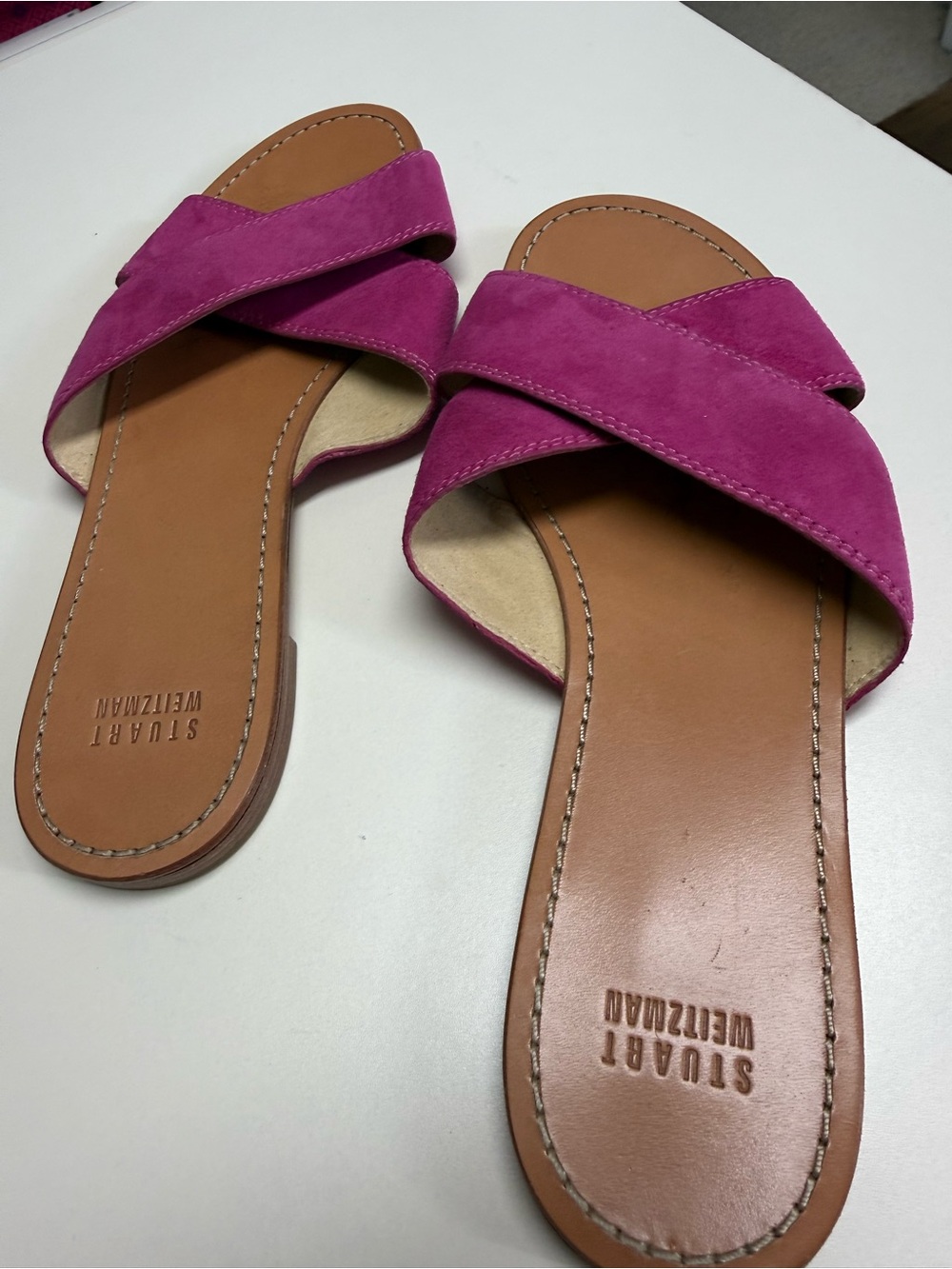 Stuart Weitzman Magenta Suede Crisscross Slide Sandals